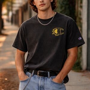 Champion Black Short Sleeve Tee with Yellow Chest Graphic